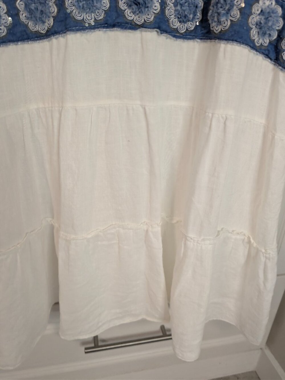 Italian Positano Linen Embroidered Mini Dress Blue White Tiered Resort Beachy L - Picture 5 of 12